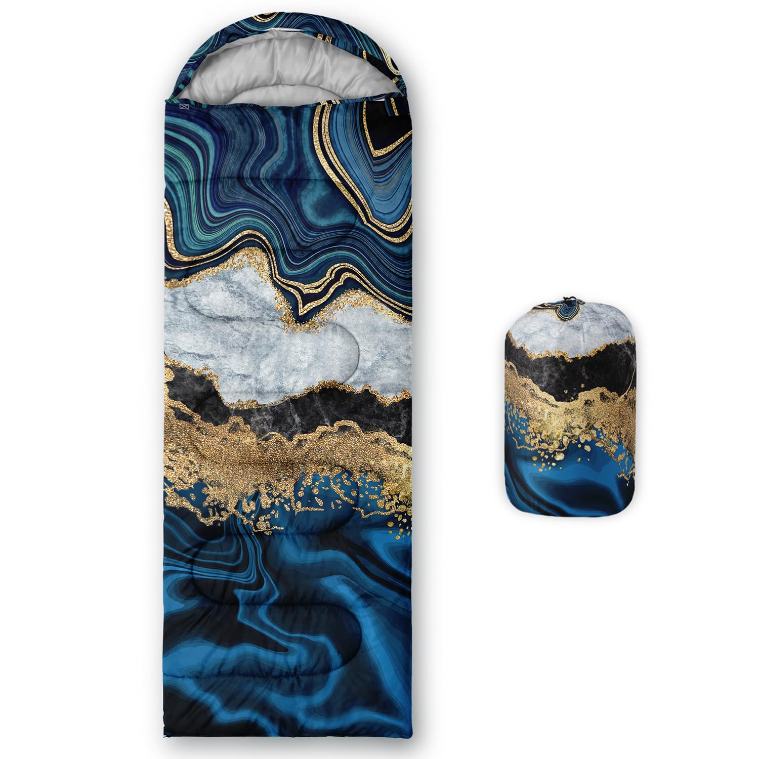 Nttopship sleeping bag blue-gold marble front view offering all-season comfort