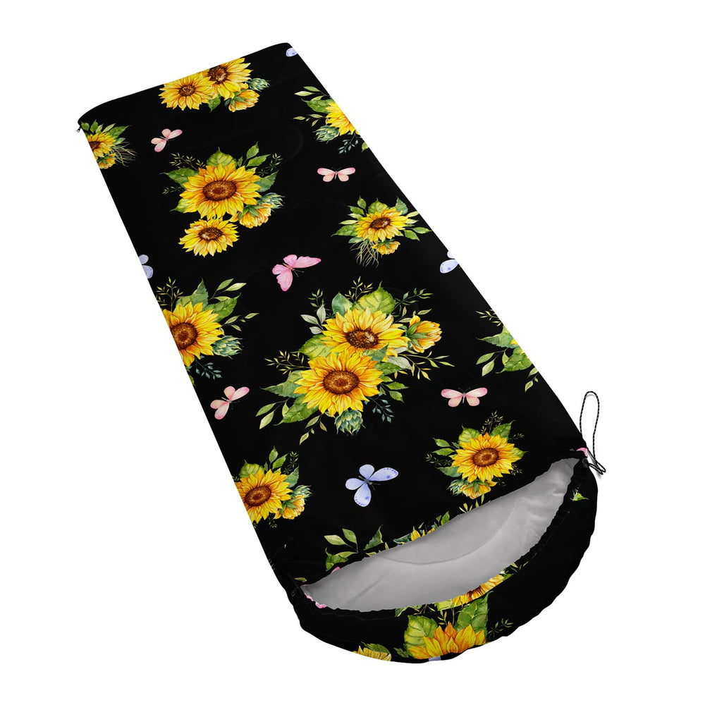 Nttopship Sunflower Black sleeping bag angled view highlights all-season design versatility.