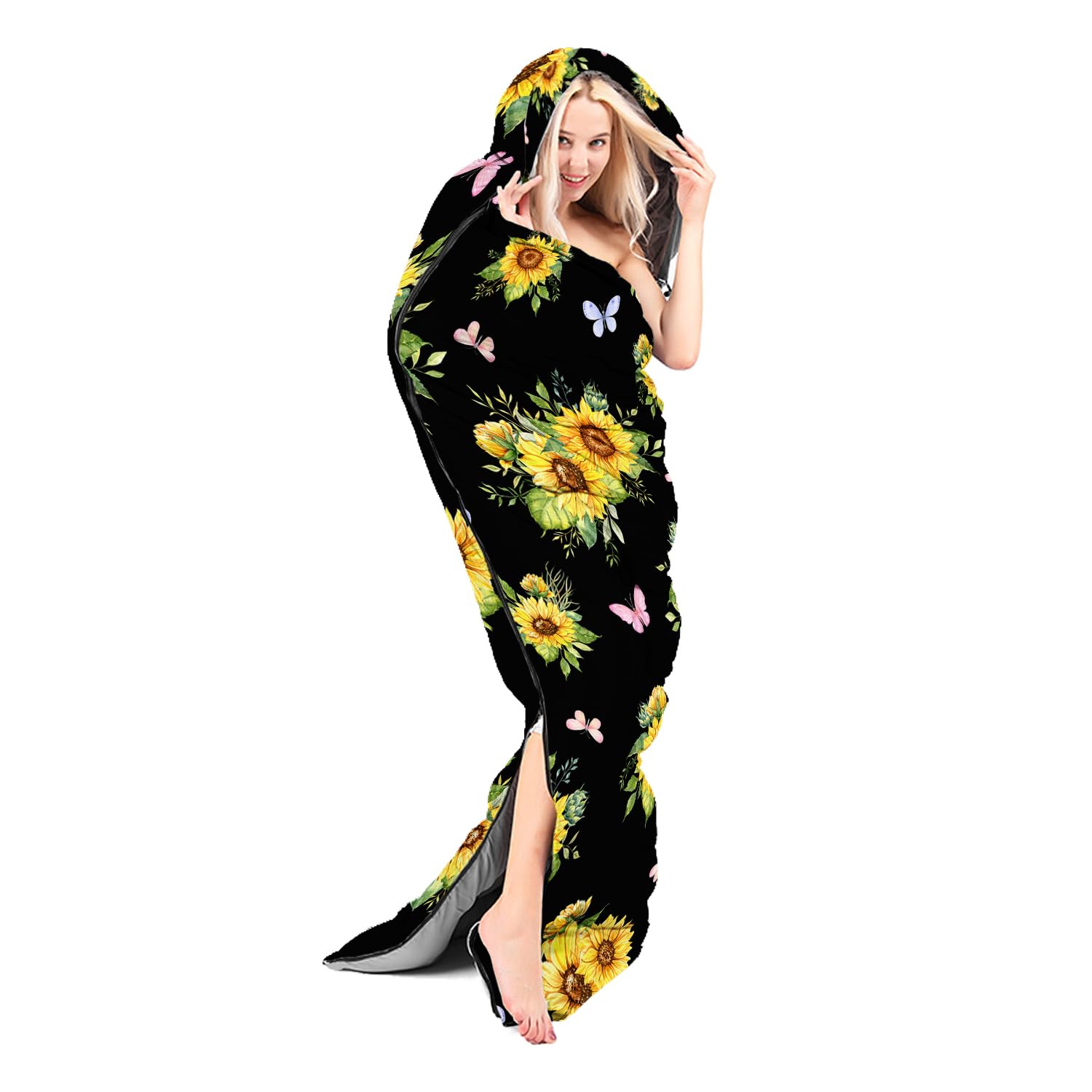 Nttopship Sunflower Black sleeping bag for kids and adults emphasizes family-friendly use.