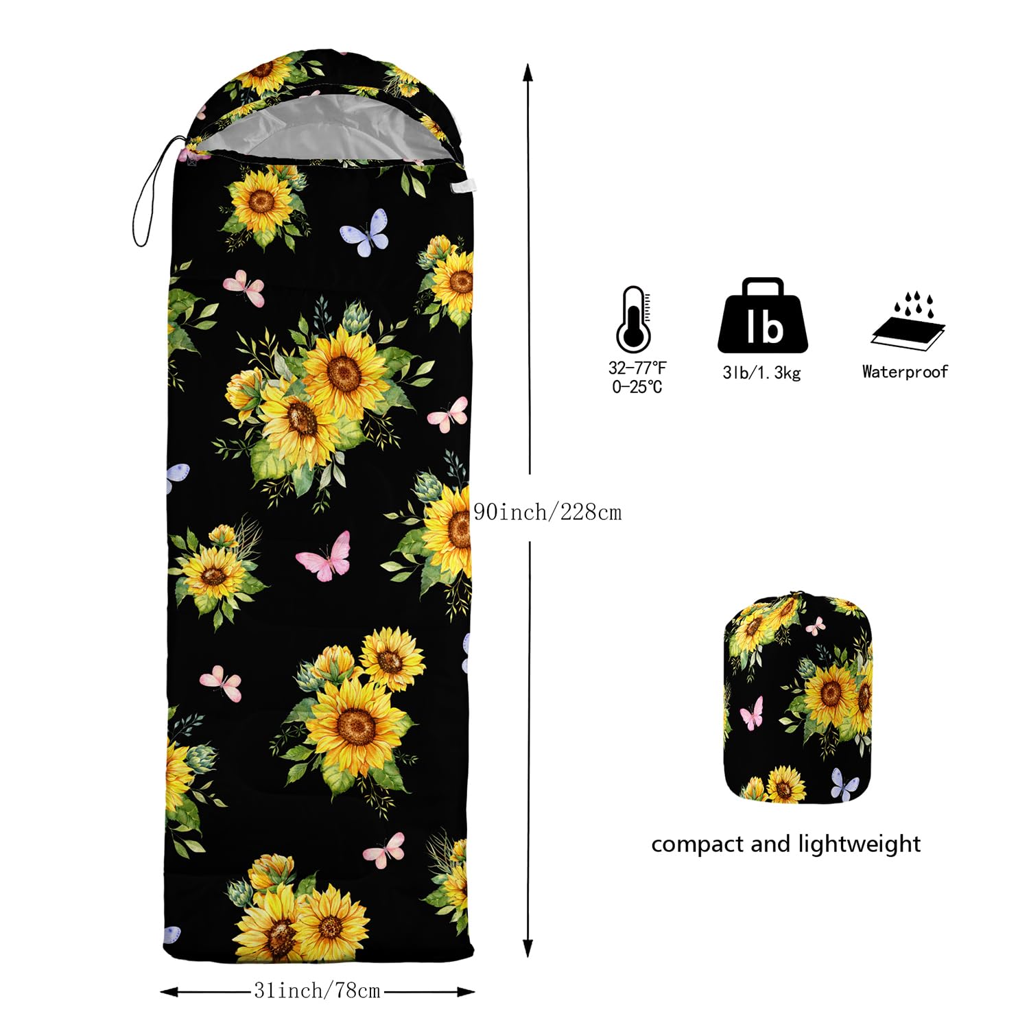 Nttopship Sunflower Black sleeping bag open shows blanket-style versatility in cool nights.