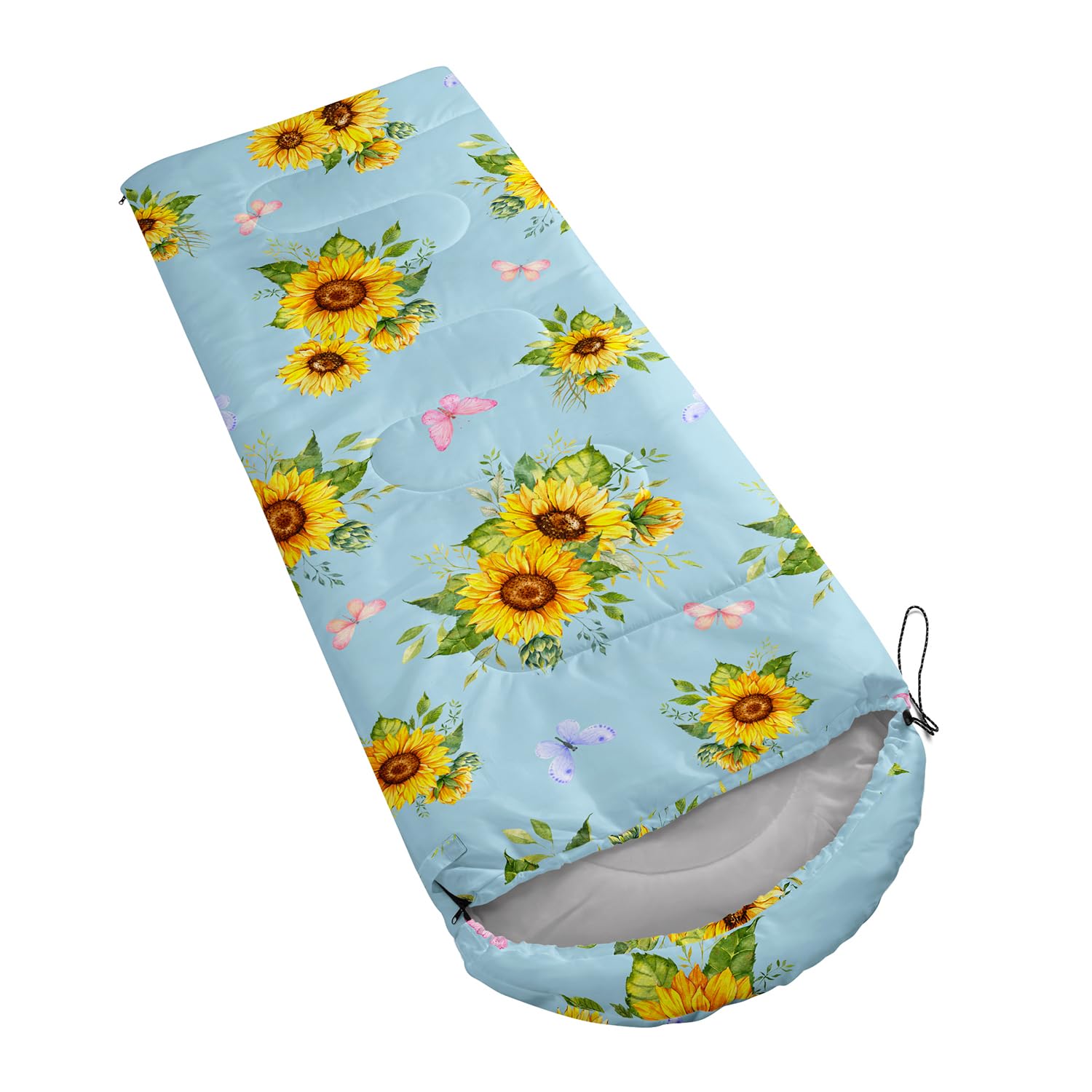 Nttopship Sunflower Blue sleeping bag opened to blanket mode for extra warmth.