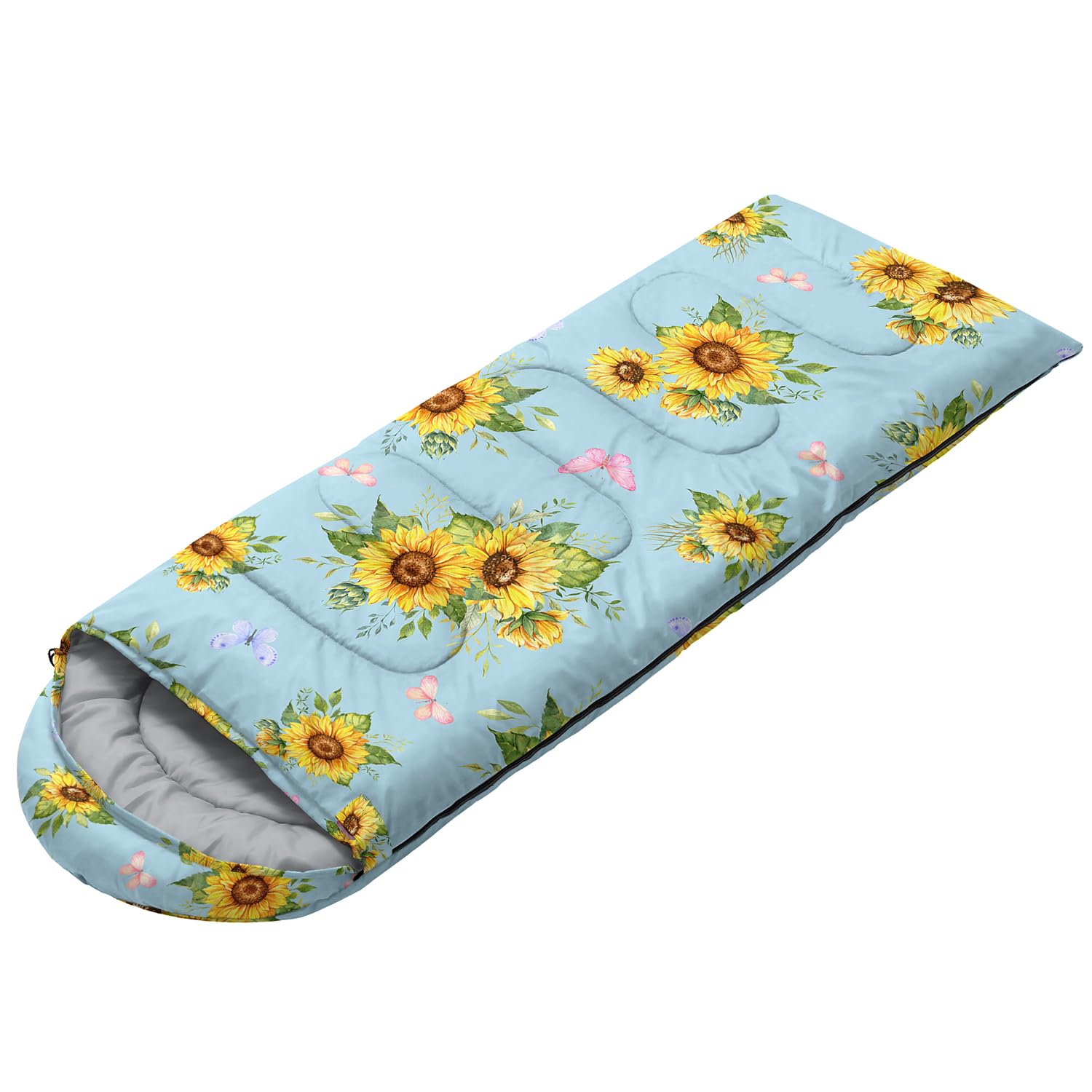 Nttopship Sunflower Blue sleeping bag packaged for travel with a carry bag.