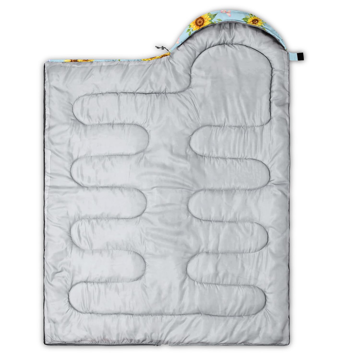 Nttopship Sunflower Blue sleeping bag use-scene illustrates camping and home versatility.