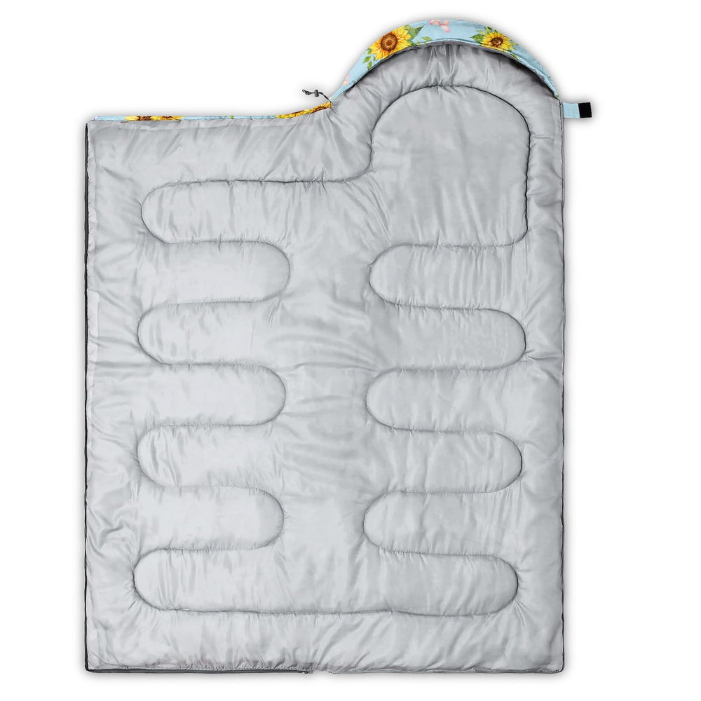 Nttopship Sunflower Blue sleeping bag use-scene illustrates camping and home versatility.
