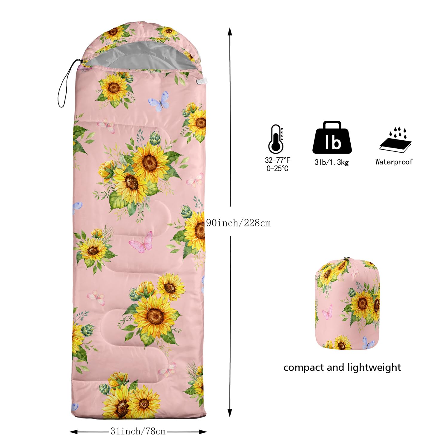 Nttopship sunflower pink sleeping bag foot zip close-up for ventilation control