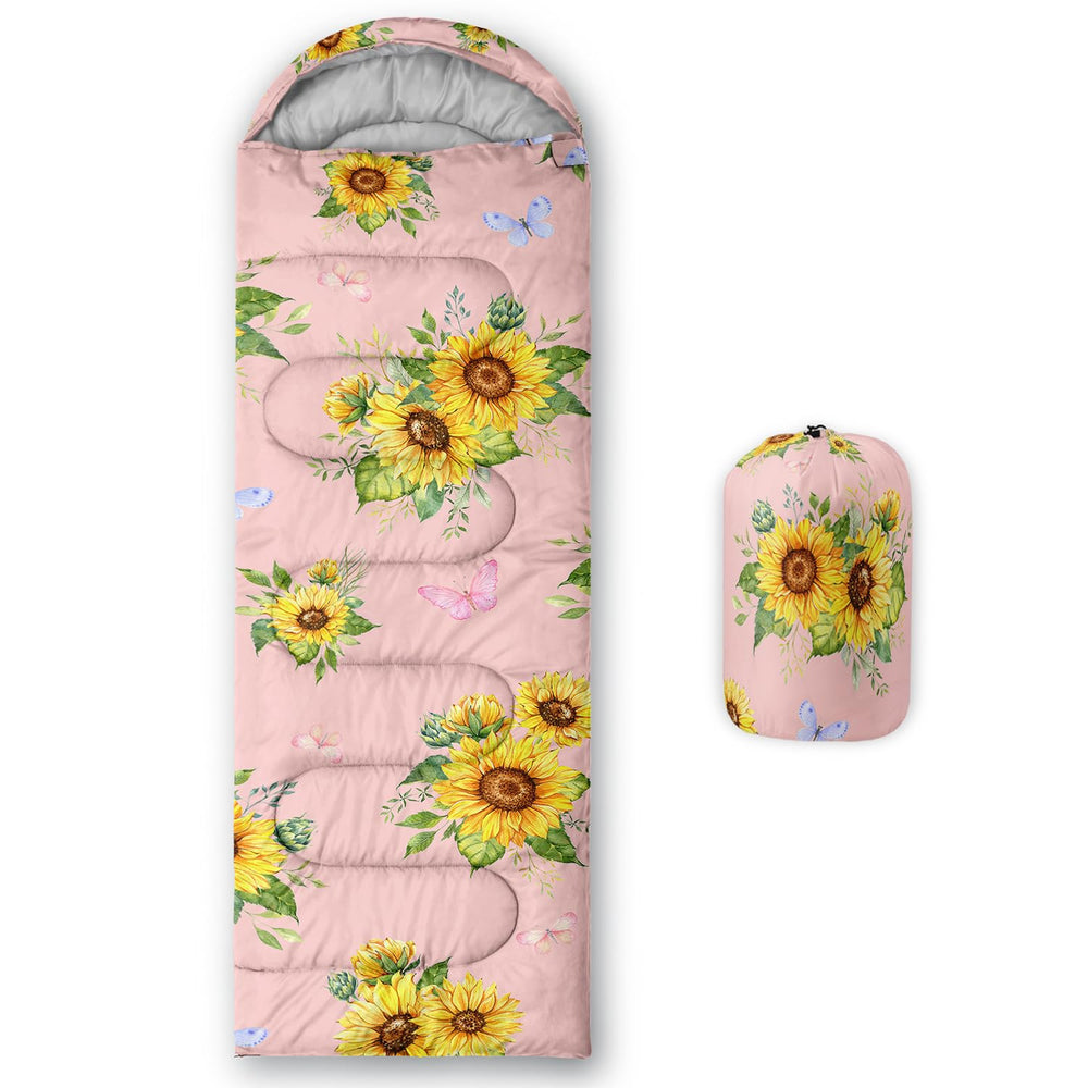 Nttopship sunflower pink sleeping bag front view shows all-season warmth potential for outdoors