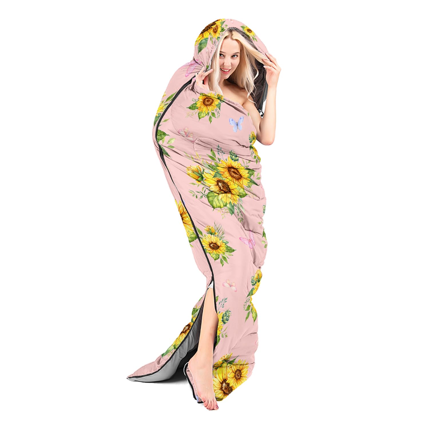 Nttopship sunflower pink sleeping bag in-use at campsite illustrating comfort and versatility