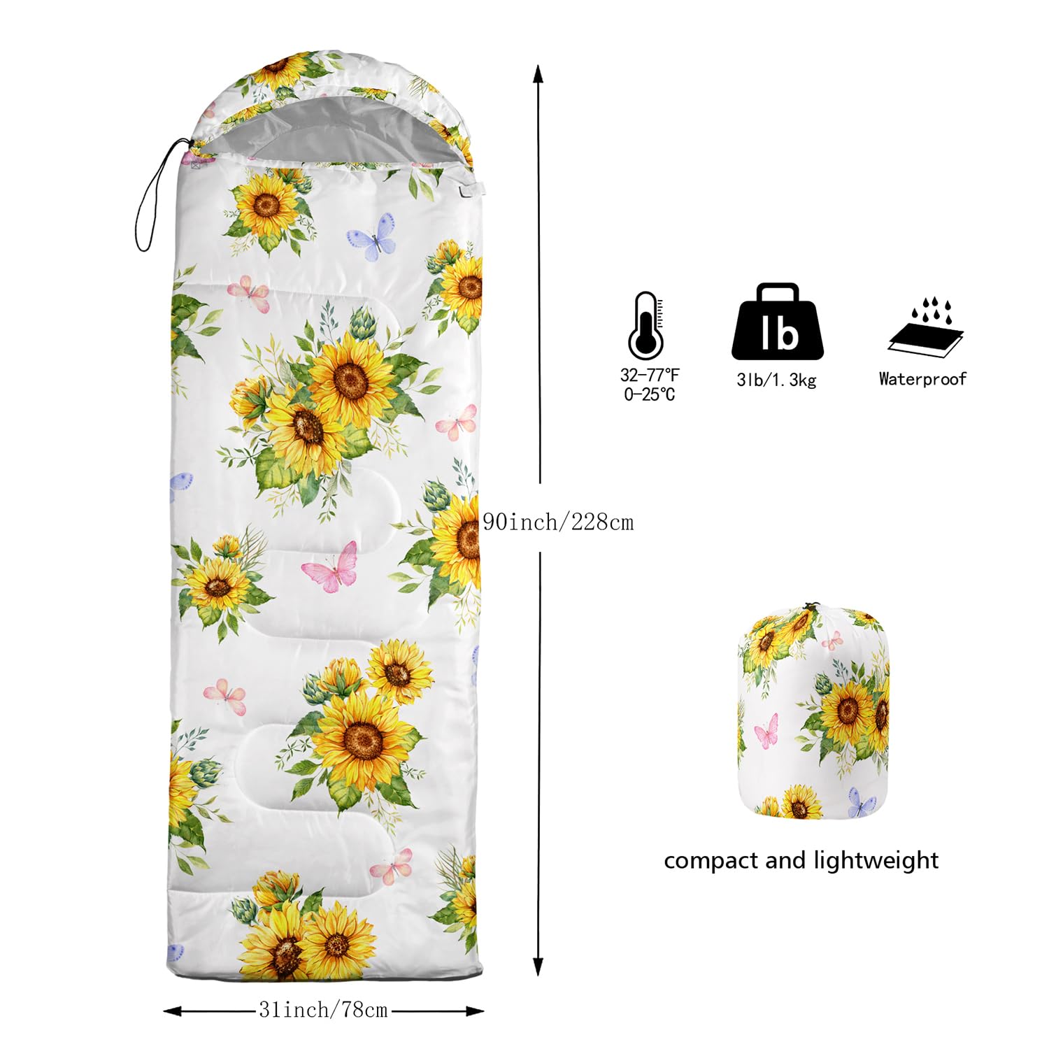 Nttopship Sunflower sleeping bag waterproof shell shields against light rain.