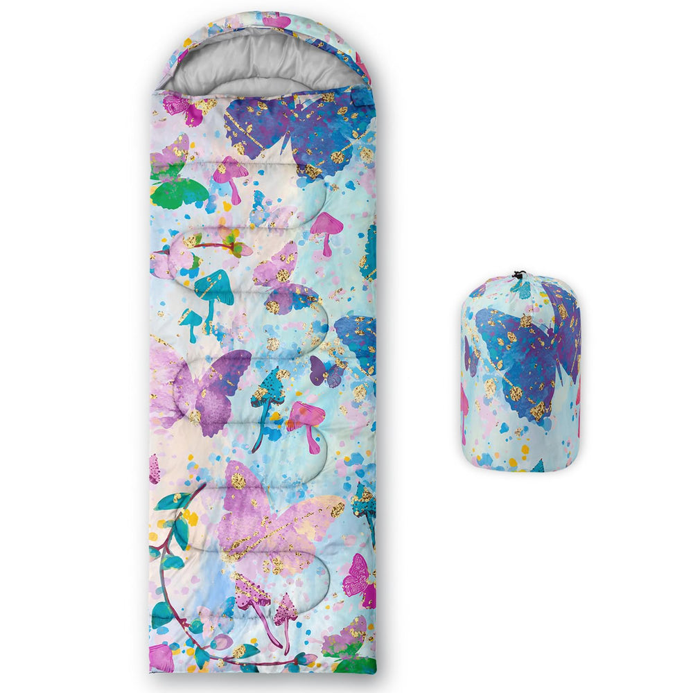 Nttopship sleeping bag front view with tie-dye Gold Butterfly design for all-season comfort