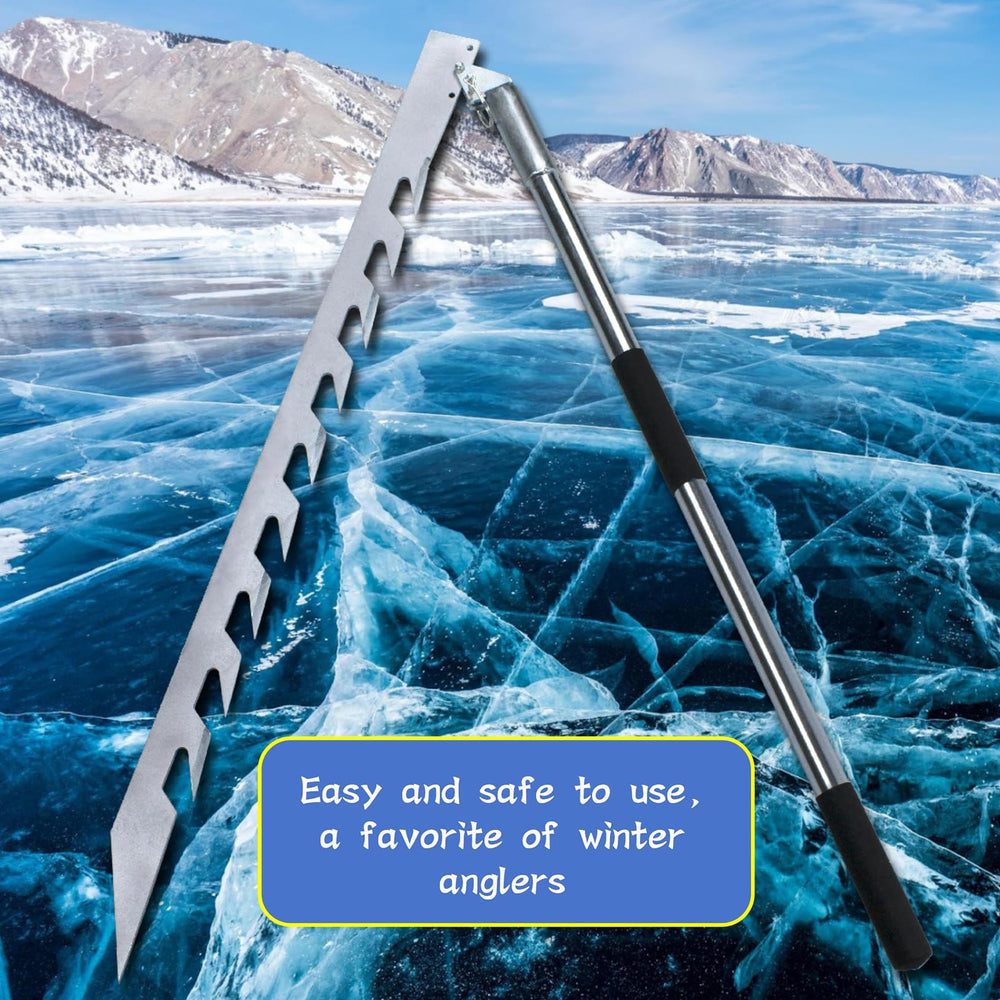 Winter ice fishing scene using the folding ice saw