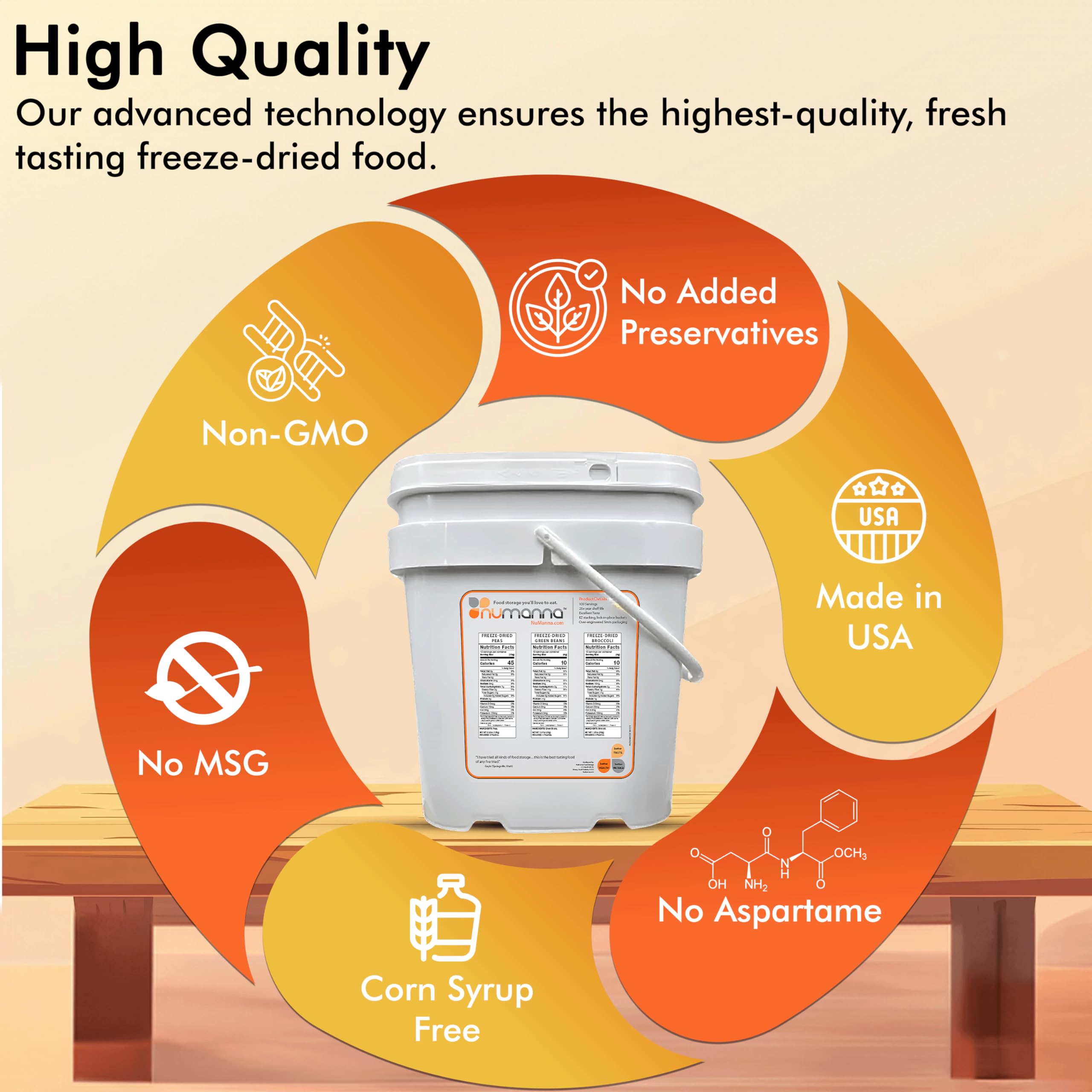 NuManna emergency veggie bucket packaging emphasizing durable storage.