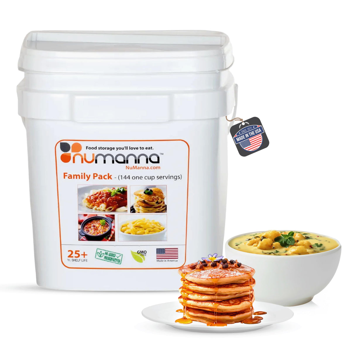 NuManna family pack bucket with sealed pouches ready for long-term storage.
