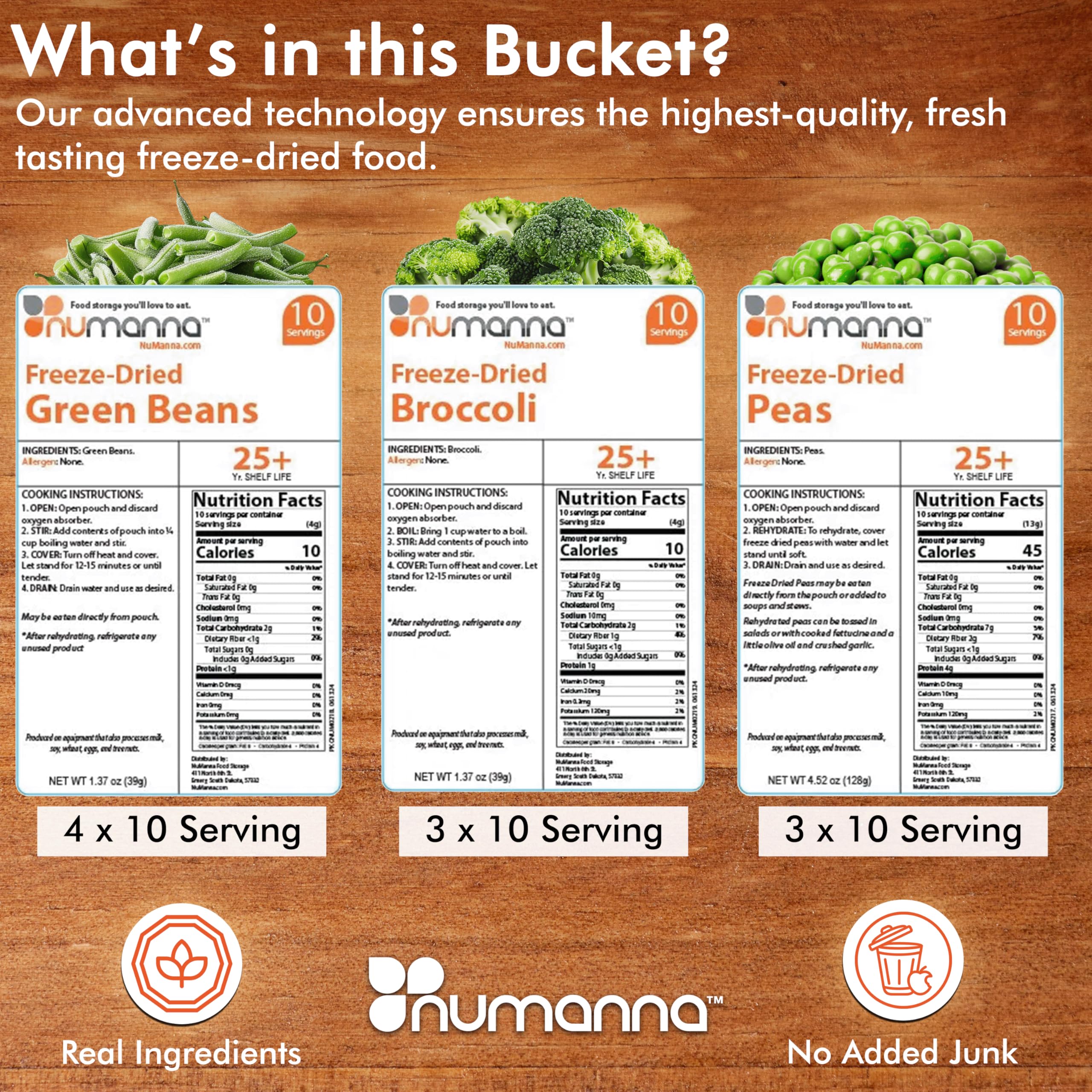 NuManna freeze-dried veggies green beans bucket with crunchy beans for versatile meals.