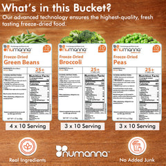 NuManna freeze-dried veggies green beans bucket with crunchy beans for versatile meals.