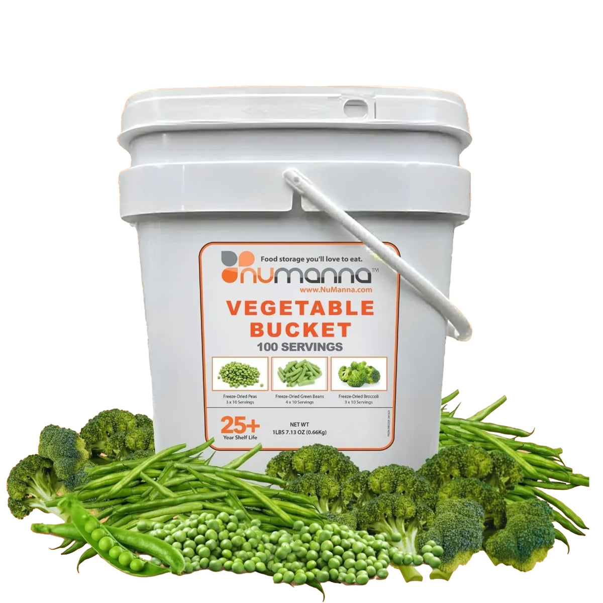 NuManna freeze-dried veggies peas bucket showing vibrant peas for long-term storage.