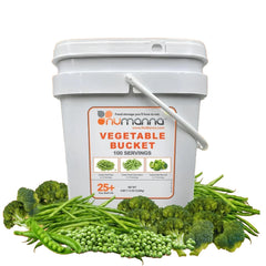 NuManna freeze-dried veggies peas bucket showing vibrant peas for long-term storage.
