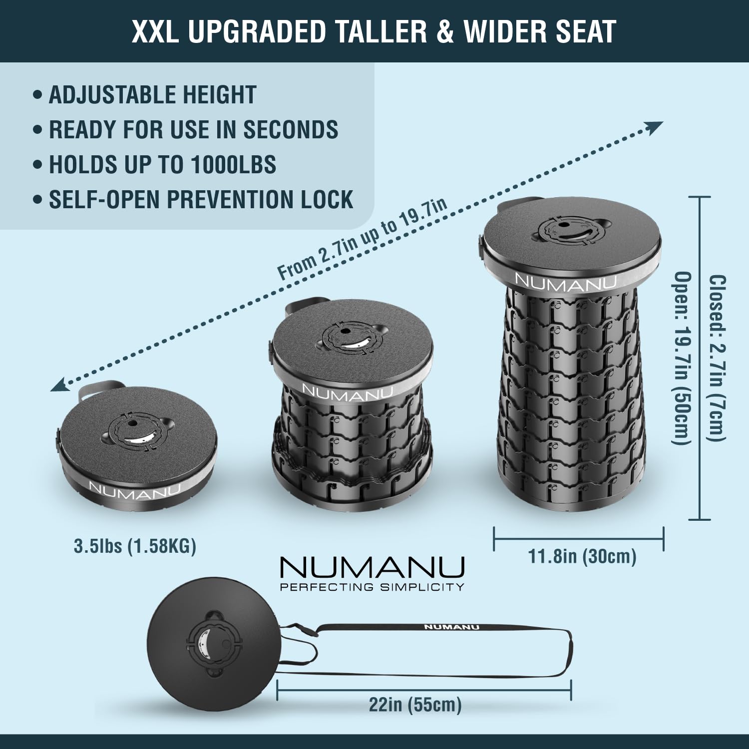 NUMANU XXL Stool wide-seat shows 11.8-inch width for stable seating outdoors.