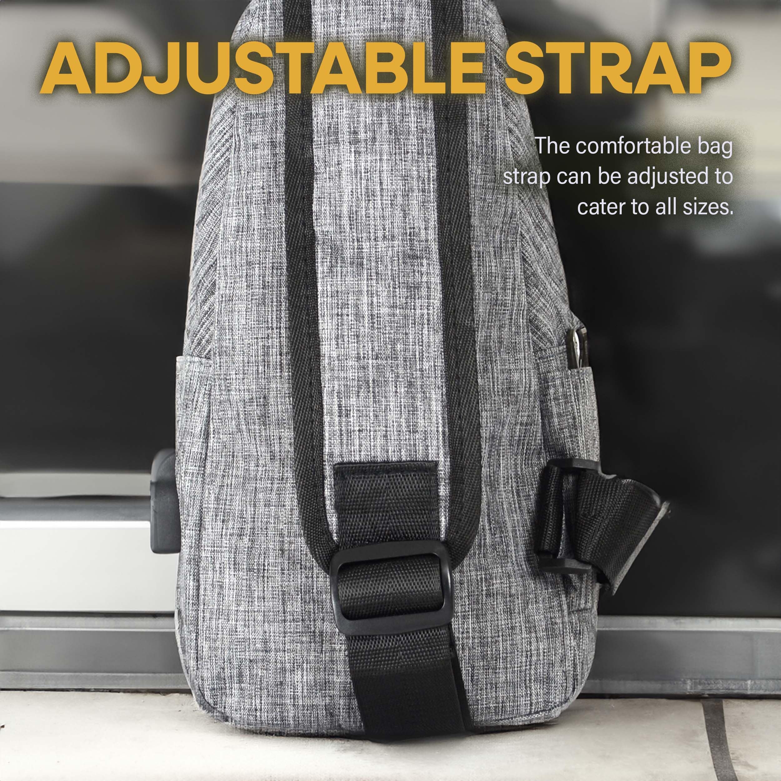Nupouch Anti-Theft Daypack in-use city scene illustrates secure travel in crowded spaces.