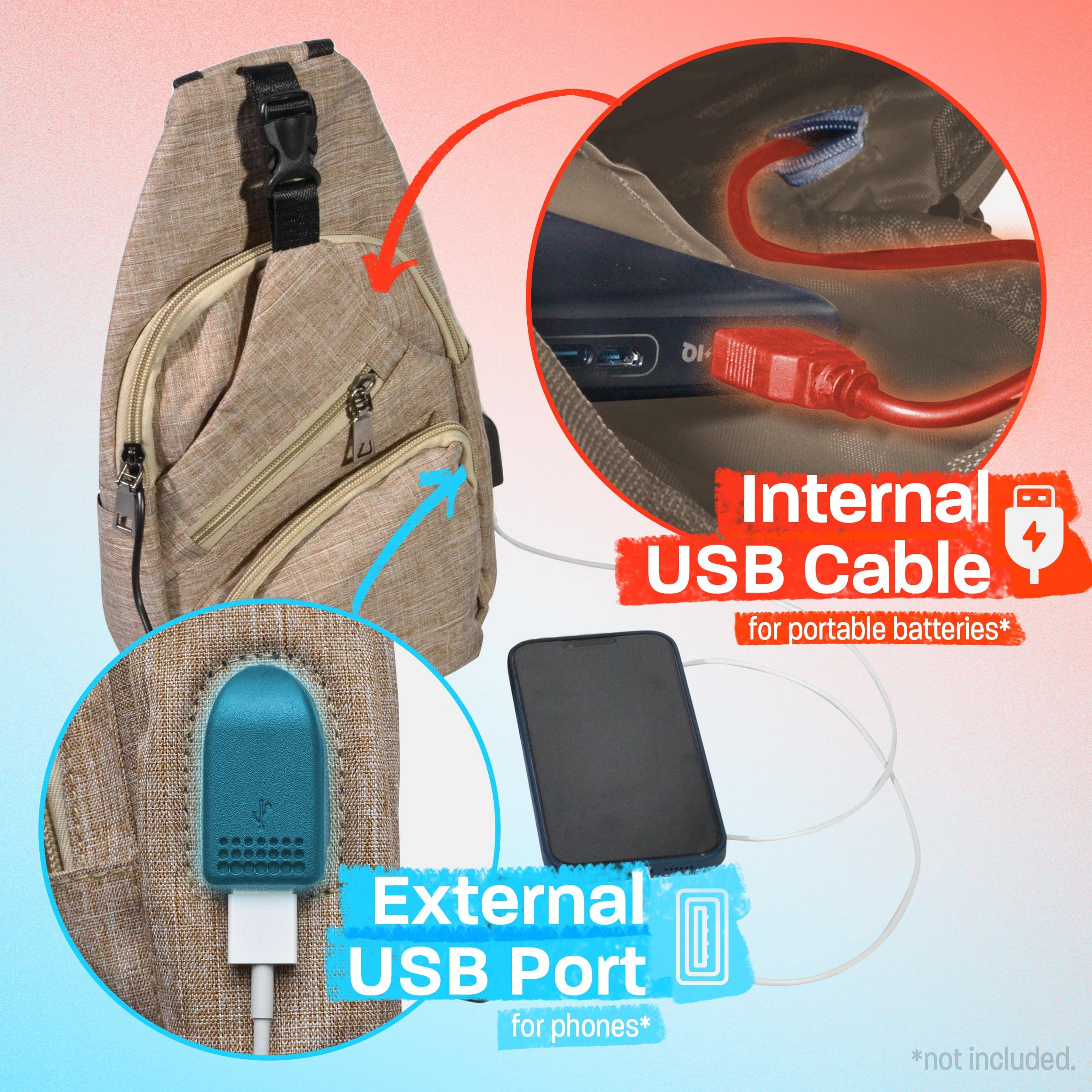 Nupouch Anti-Theft Daypack USB port enables portable charging during travel.