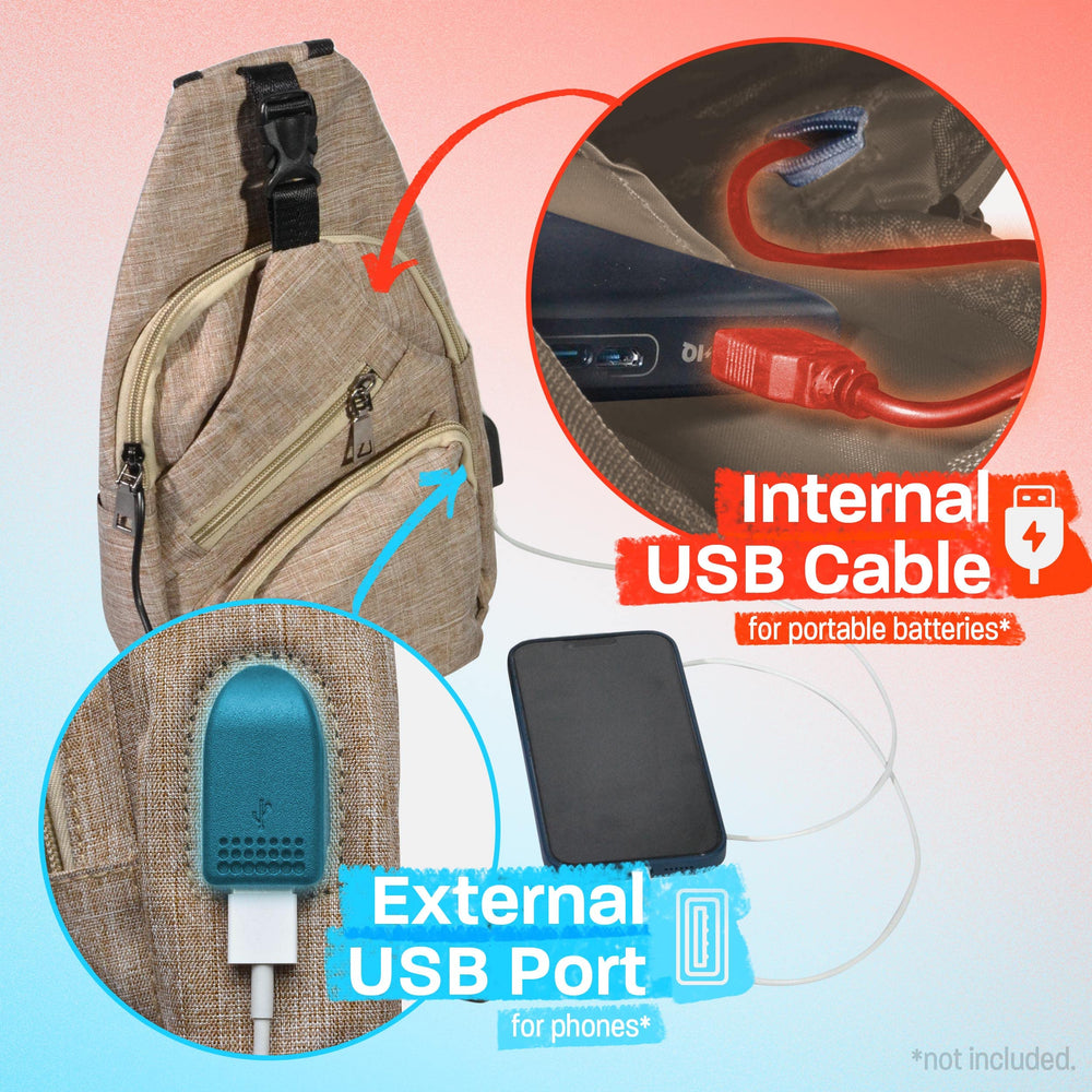 Nupouch Anti-Theft Daypack USB port enables portable charging during travel.