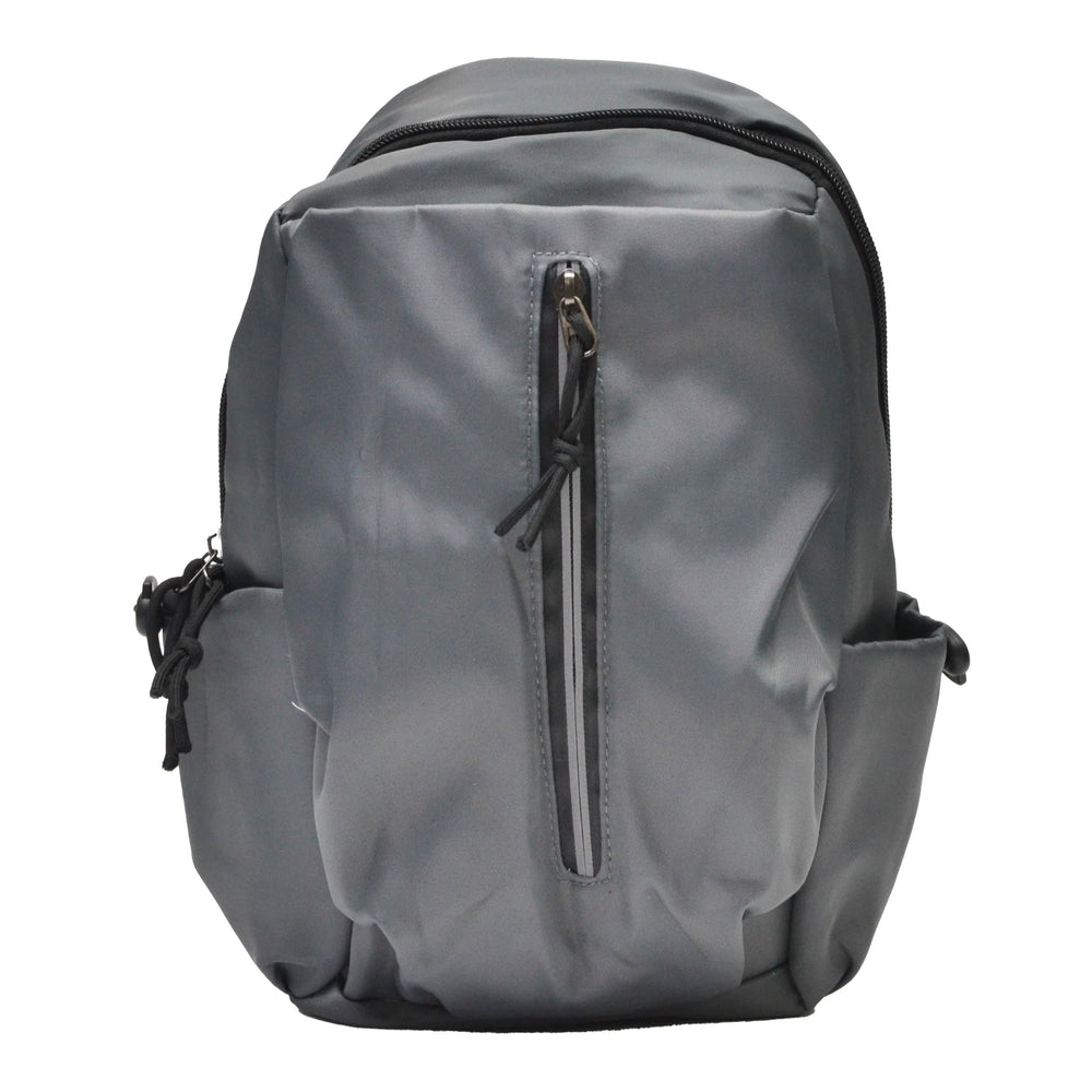 Nupouch lightweight gray sling bag front view showing compact silhouette and spacious interior