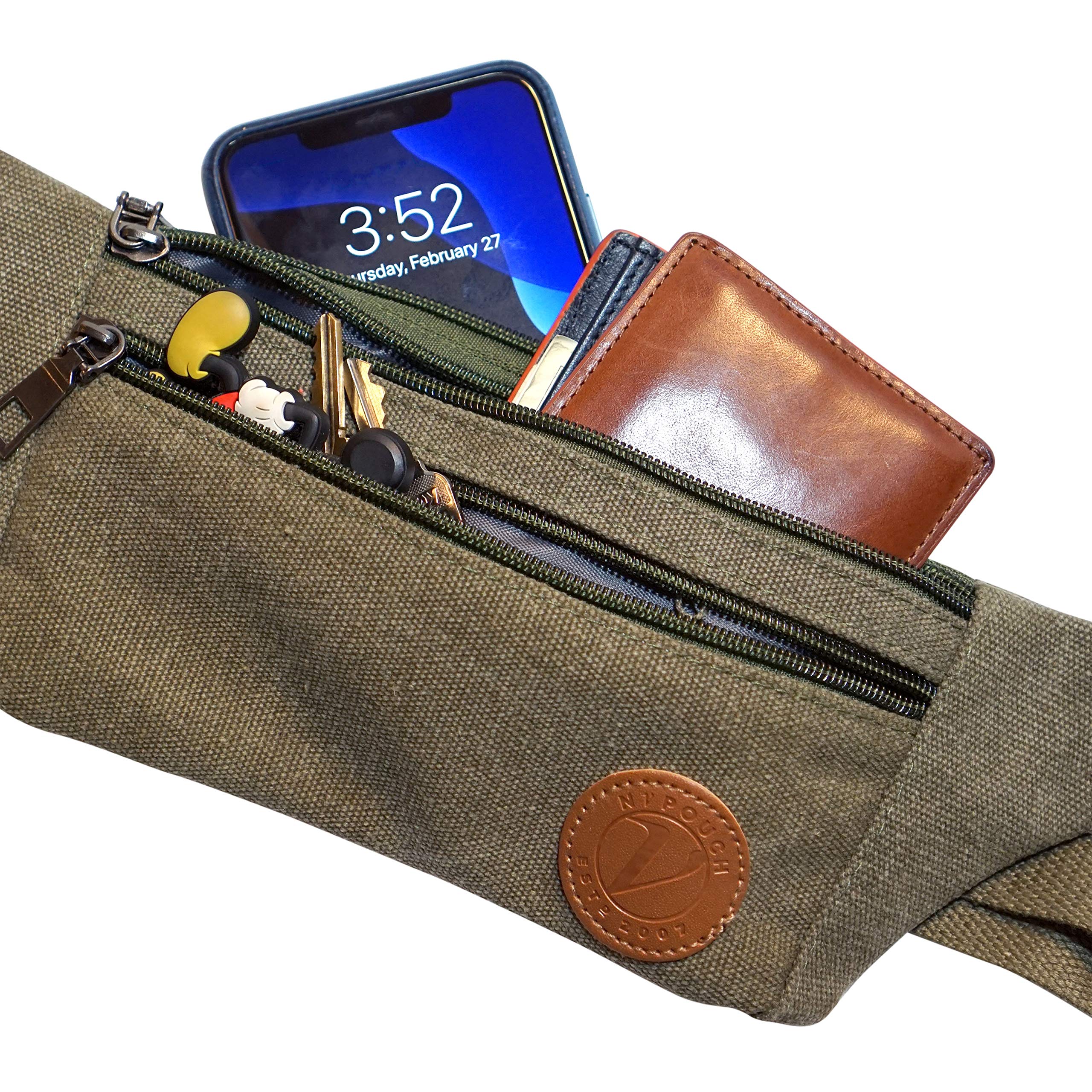 Nupouch Tahoe Slim Hip Pack army green material detail showing rugged fabric