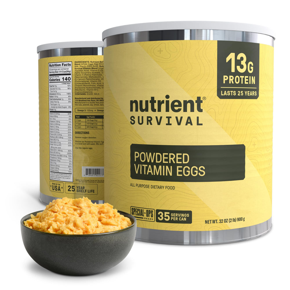 Nutrient Survival 70-egg-equivalent-can demonstrates high-protein emergency prep advantage.