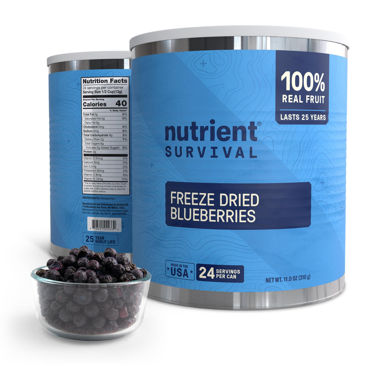 Nutrient Survival freeze-dried blueberries can shelf-stable emergency storage option with long-term use.