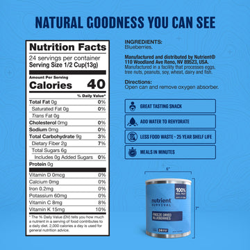 Nutrient Survival freeze-dried blueberries open can shows convenient snack packs for travel.