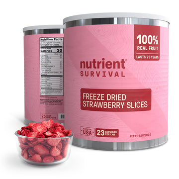 Nutrient Survival freeze-dried strawberries can label emphasizes 25-year shelf life for emergencies.