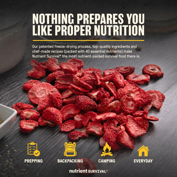 Nutrient Survival freeze-dried strawberries dessert topping image suggests versatile flavor add-ins.