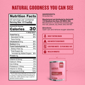 Nutrient Survival freeze-dried strawberries slices closeup highlight vibrant color and snack-ready form.