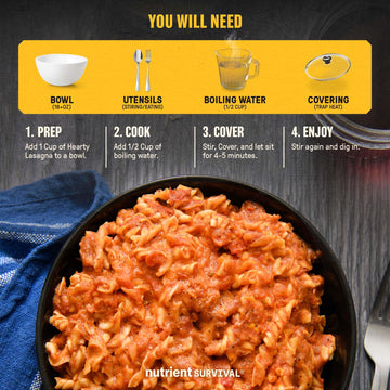 Nutrient Survival Hearty Lasagna hot-water prep shot highlights quick emergency-ready meal