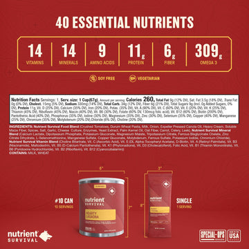 Nutrient Survival Hearty Lasagna nutrition facts panel demonstrates omega 3&6 and minerals