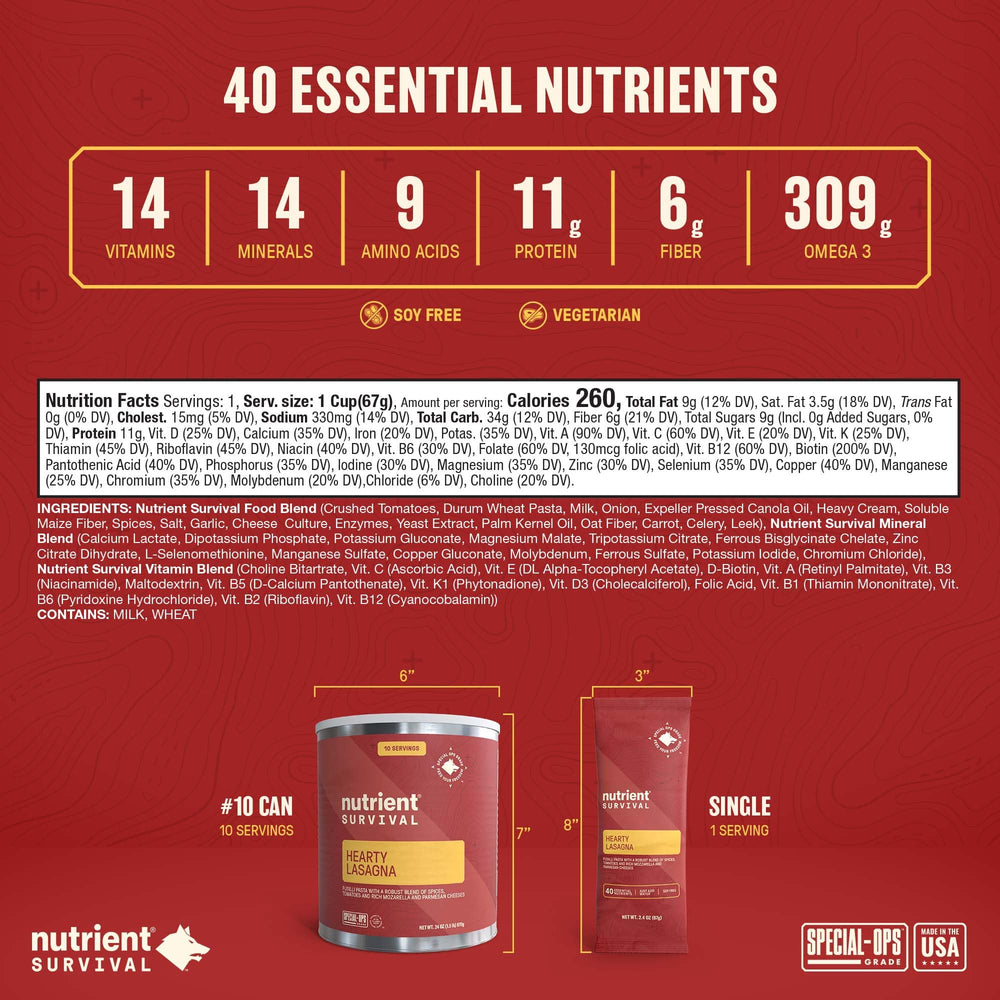 Nutrient Survival Hearty Lasagna nutrition facts panel demonstrates omega 3&6 and minerals