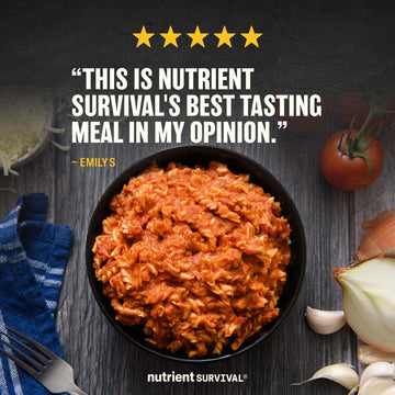 Nutrient Survival Hearty Lasagna packaging back highlights 40 nutrients and long shelf life
