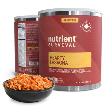 Nutrient Survival Hearty Lasagna packaging front highlights shelf-stable nutrition for emergencies