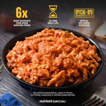 Nutrient Survival Hearty Lasagna serving cup shows 10g protein per serving for sustained energy