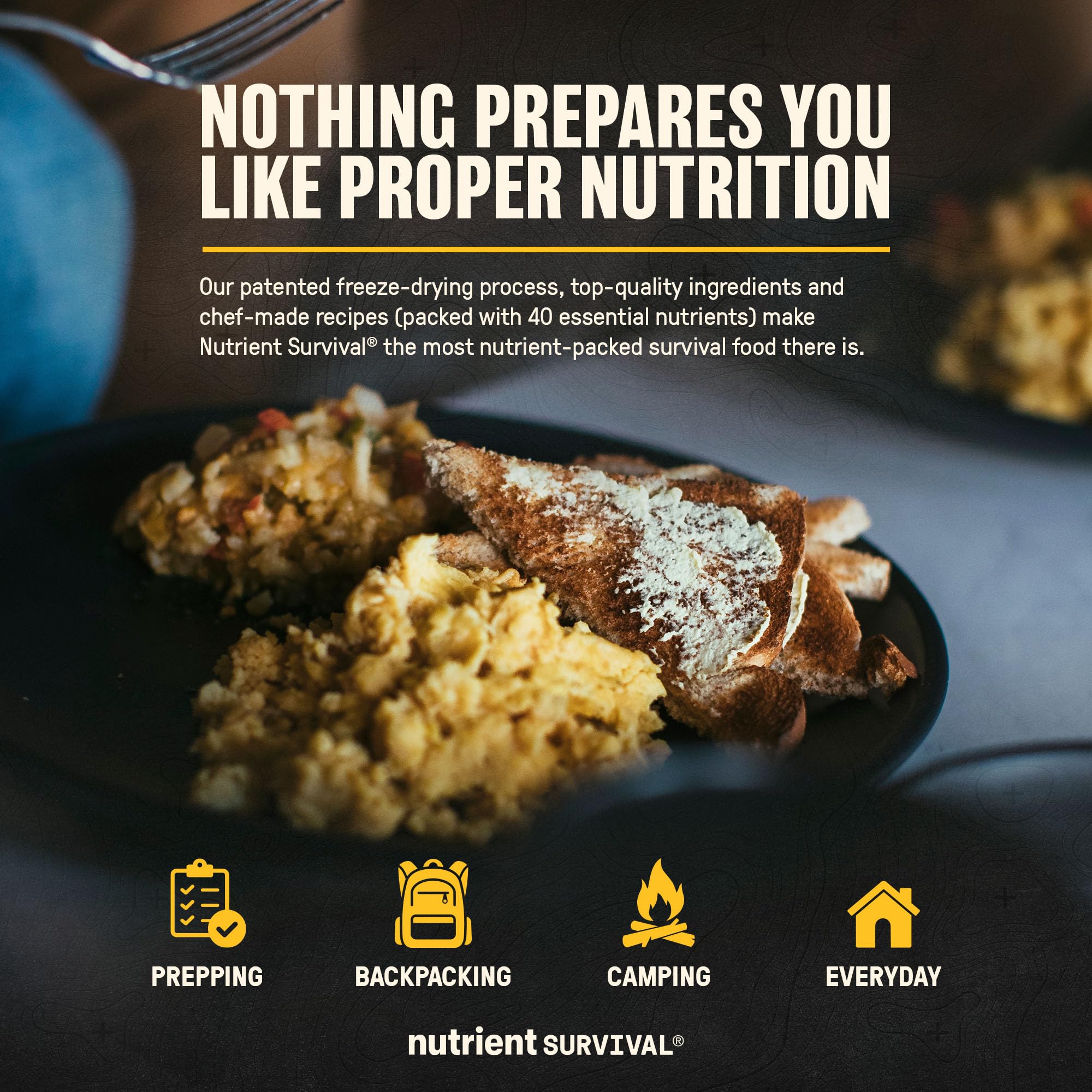 Nutrient Survival Homestyle Scramble Eggs cheddar shreds close-up for comforting flavor.