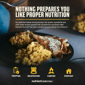 Nutrient Survival Homestyle Scramble Eggs cheddar shreds close-up for comforting flavor.