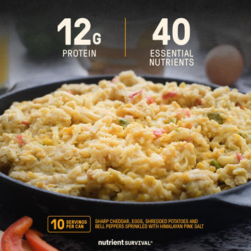 Nutrient Survival Homestyle Scramble Eggs ingredients panel highlights 40 nutrients per serving.