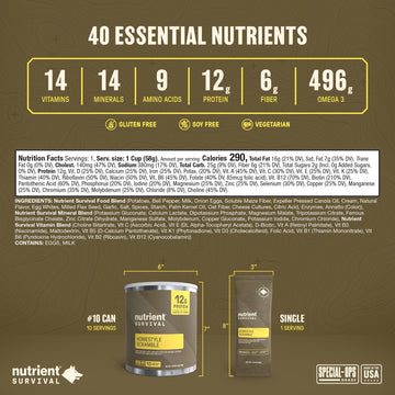 Nutrient Survival Homestyle Scramble Eggs packaging emphasizes long shelf life.