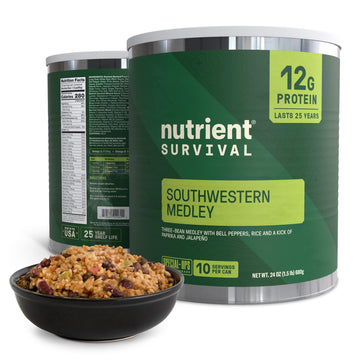 Nutrient Survival Southwestern Medley can-front demonstrates shelf-stable emergency nutrition for kits.