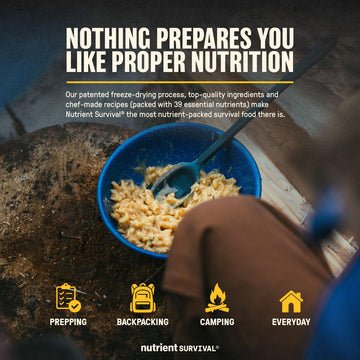 Nutrient Survival Triple Cheese Mac backpack-ready meal suitable for travel and emergencies.