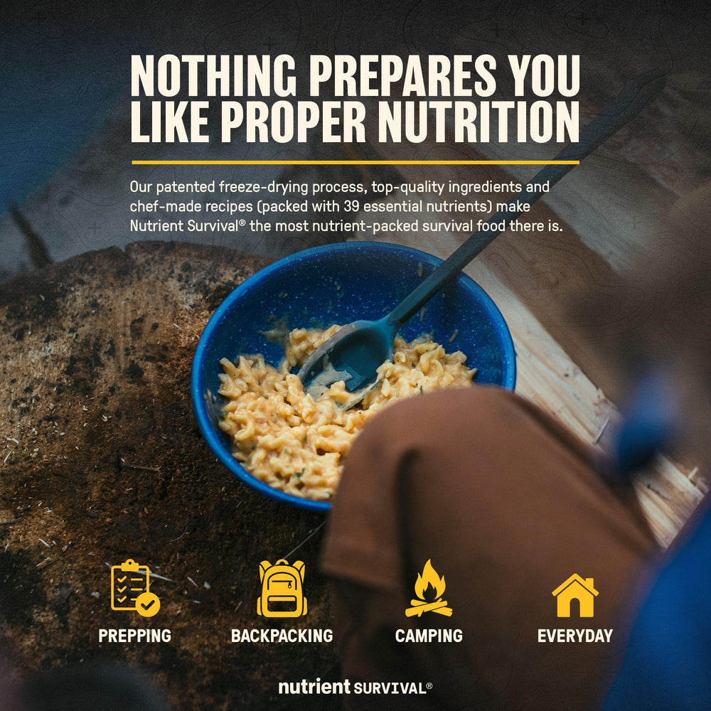 Nutrient Survival Triple Cheese Mac backpack-ready meal suitable for travel and emergencies.