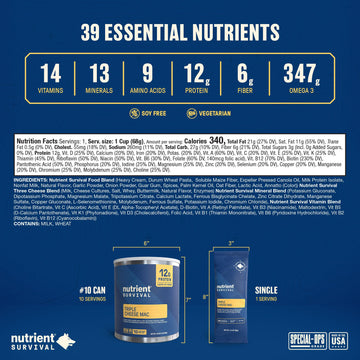 Nutrient Survival Triple Cheese Mac emergency-kit layout highlights ready-to-eat convenience.