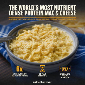 Nutrient Survival Triple Cheese Mac ingredients label emphasizes 40 nutrients and 12g protein per serving.