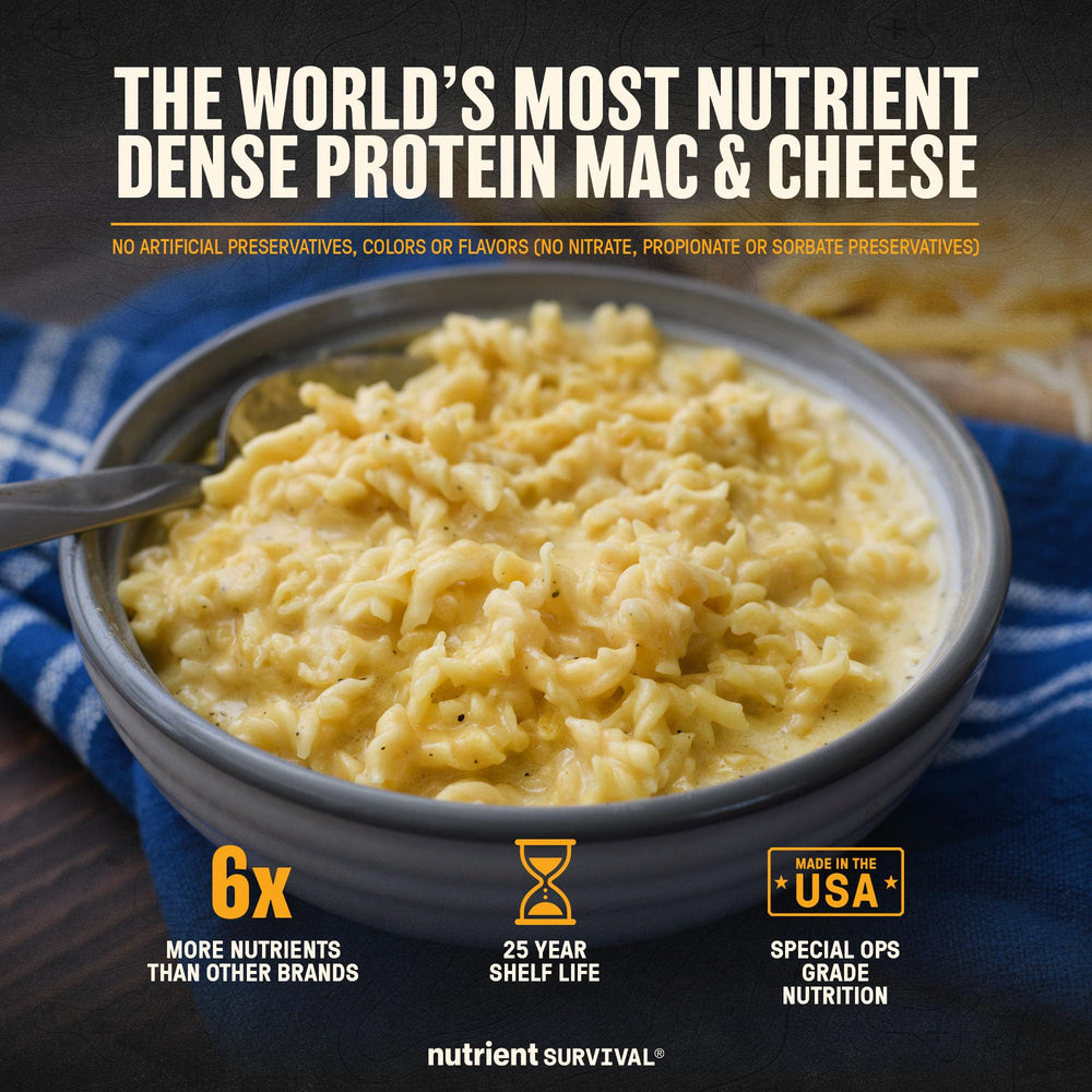 Nutrient Survival Triple Cheese Mac ingredients label emphasizes 40 nutrients and 12g protein per serving.