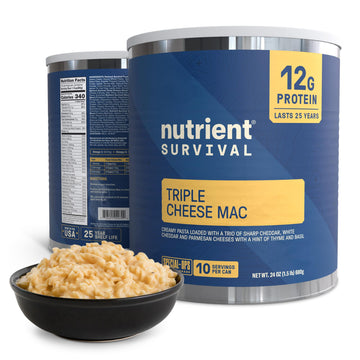 Nutrient Survival Triple Cheese Mac packaging highlights shelf-stable emergency nutrition.