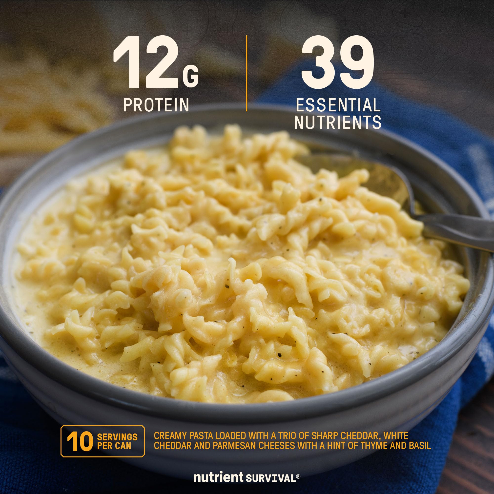 Nutrient Survival Triple Cheese Mac serving bowl demonstrates quick hot-water meal for survival.